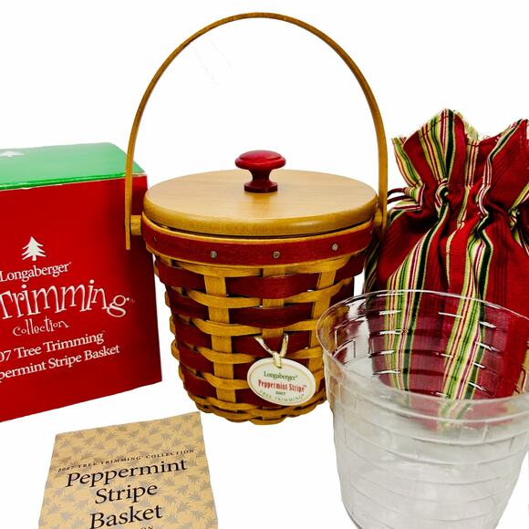 Longaberger PEPPERMINT STRIPE Red Tree Trimming Lid Liner Protector Tie-on Box - Picture 1 of 9